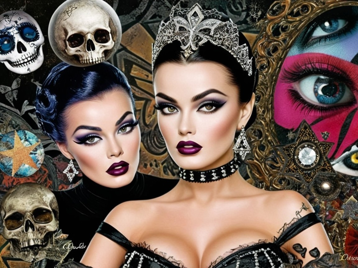 Gothic Art Composition with Glamorous Women and Skulls