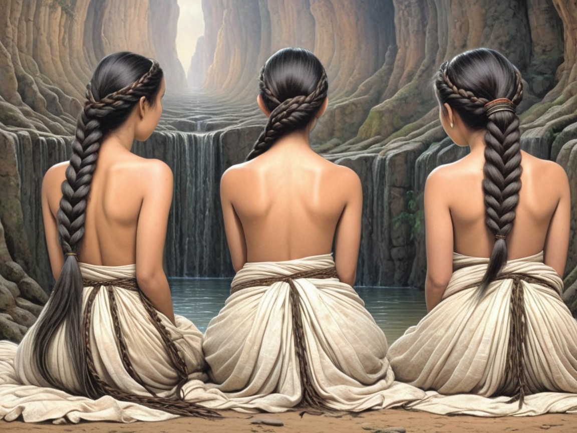 Figures in Neutral Garments by a Serene Waterfall