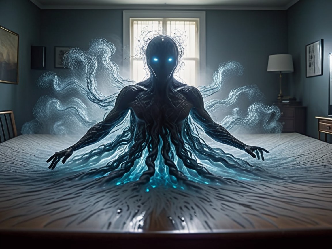 Surreal Figure with Glowing Eyes and Ethereal Tendrils