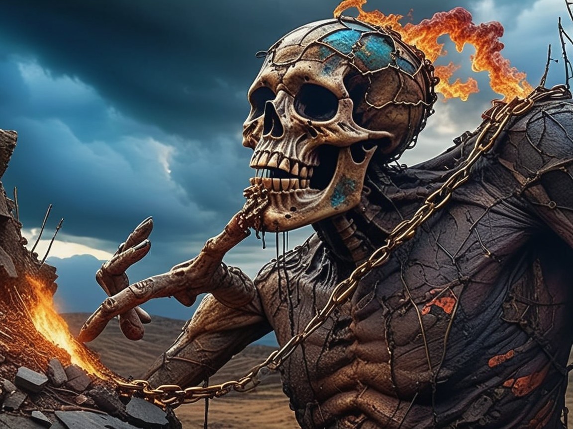 Skeletal Figure with Flames in Rocky Landscape