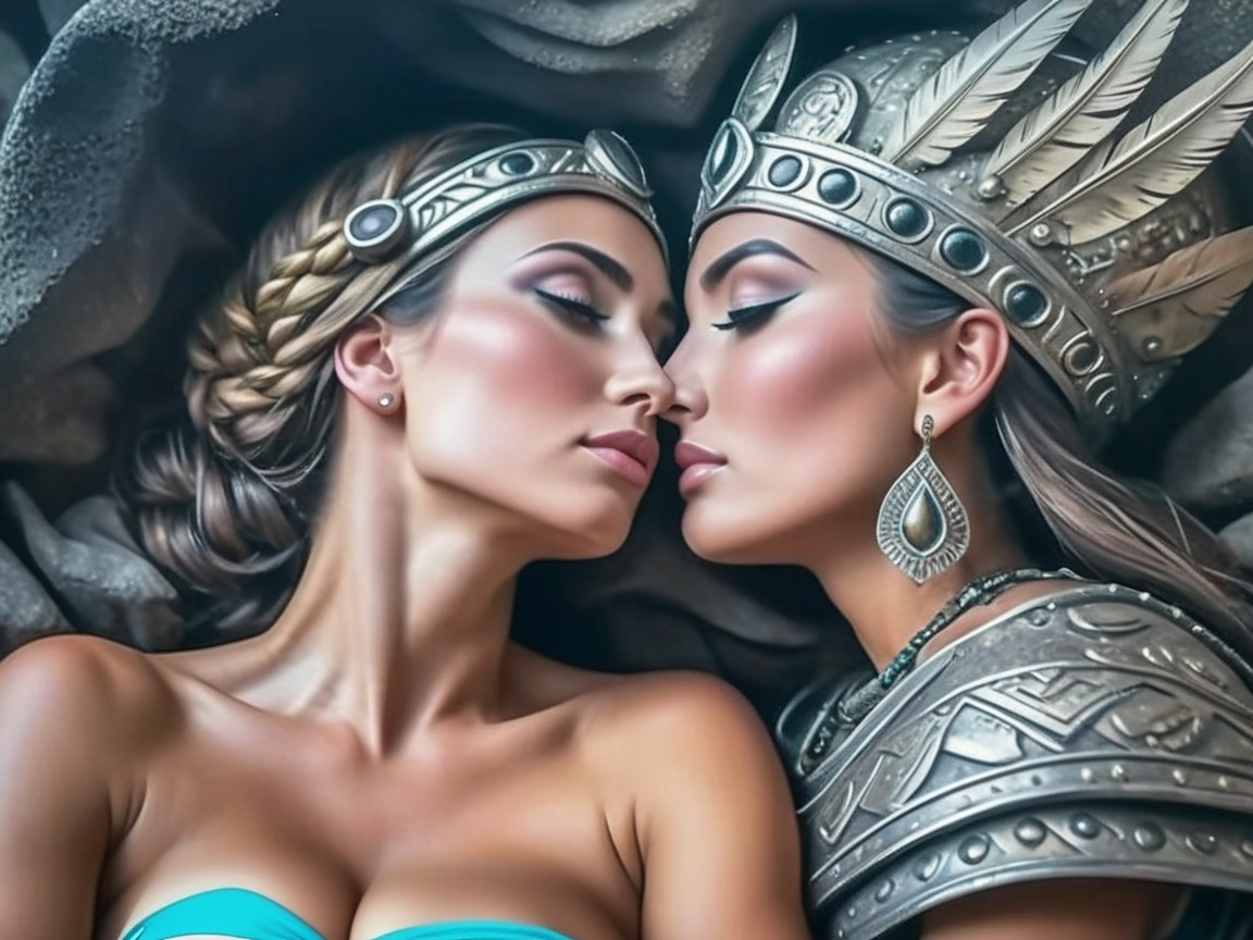 Two Women with Foreheads Touching in Bold Outfits