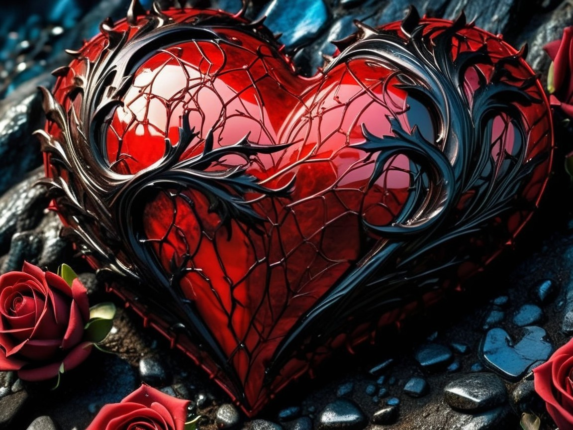 Glossy Red Glass Heart with Black Vines and Roses