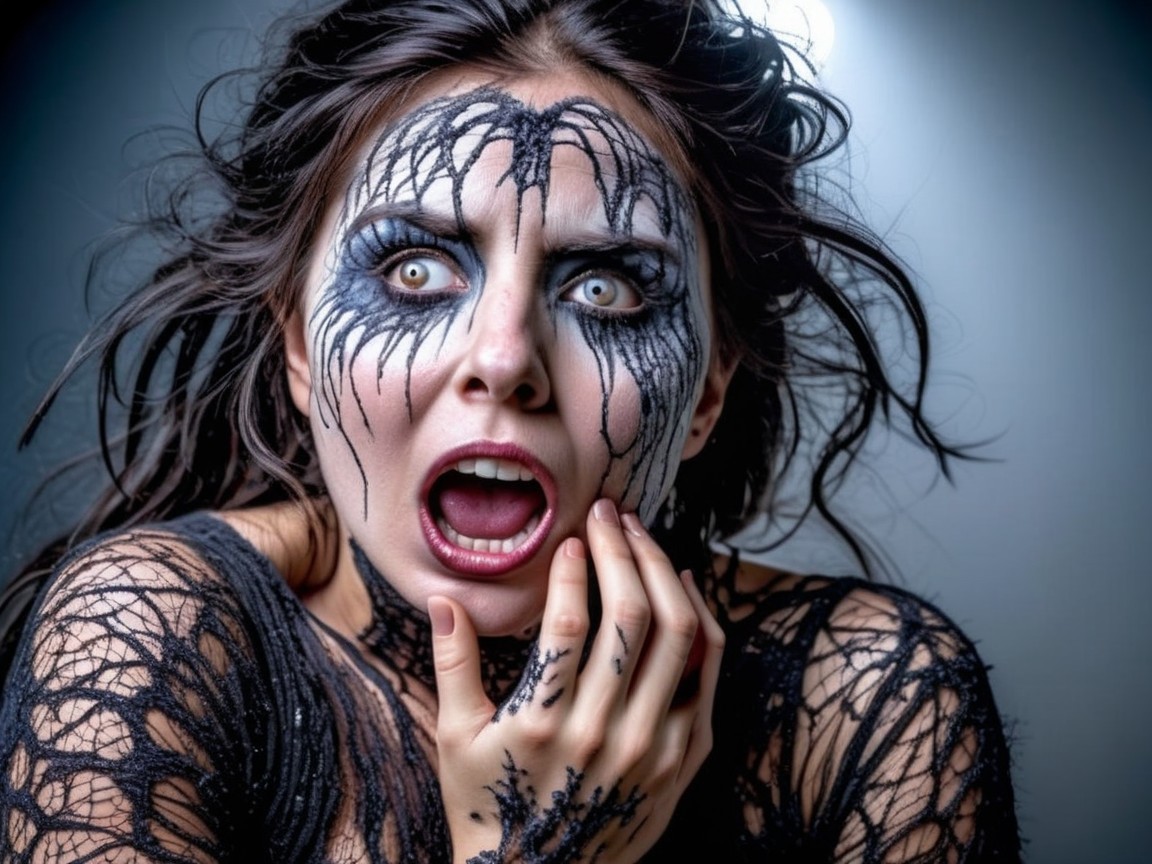 Dramatic Makeup with Spider Web Designs on Face