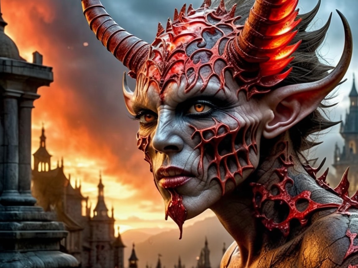 Fierce Fantastical Character with Demon-Like Features