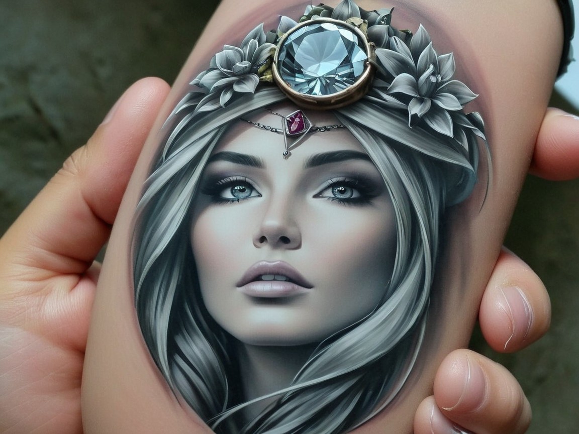 Realistic Tattoo of a Young Woman with Silver Hair