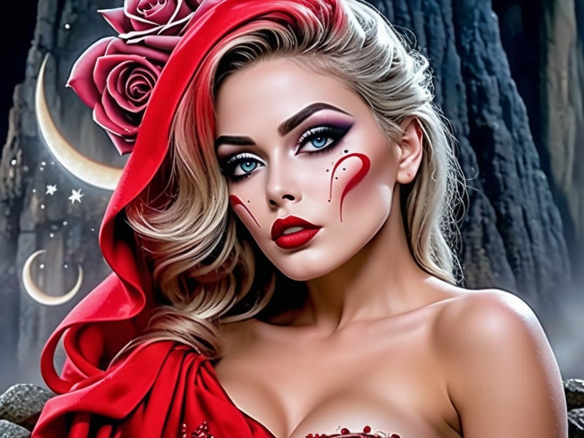 Glamorous Woman in Red Cloak with Mystical Background