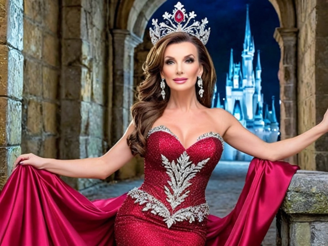 Glamorous Woman in Red Gown at Enchanting Castle