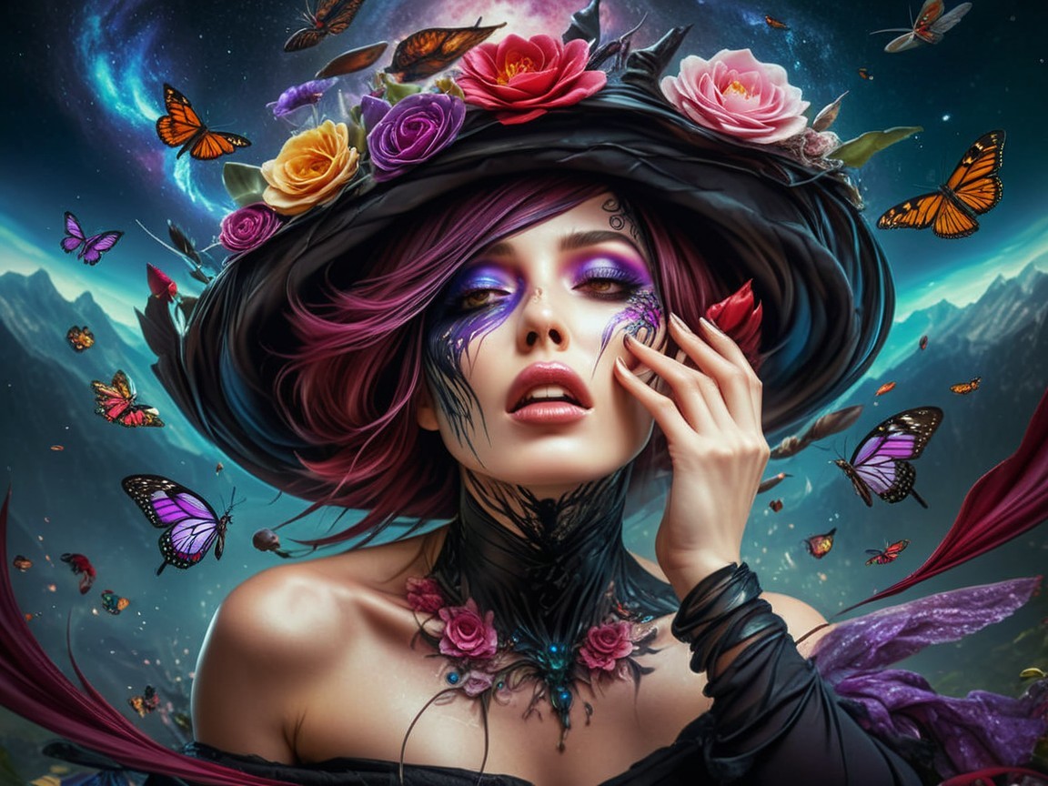 Mystical woman in floral hat with cosmic backdrop