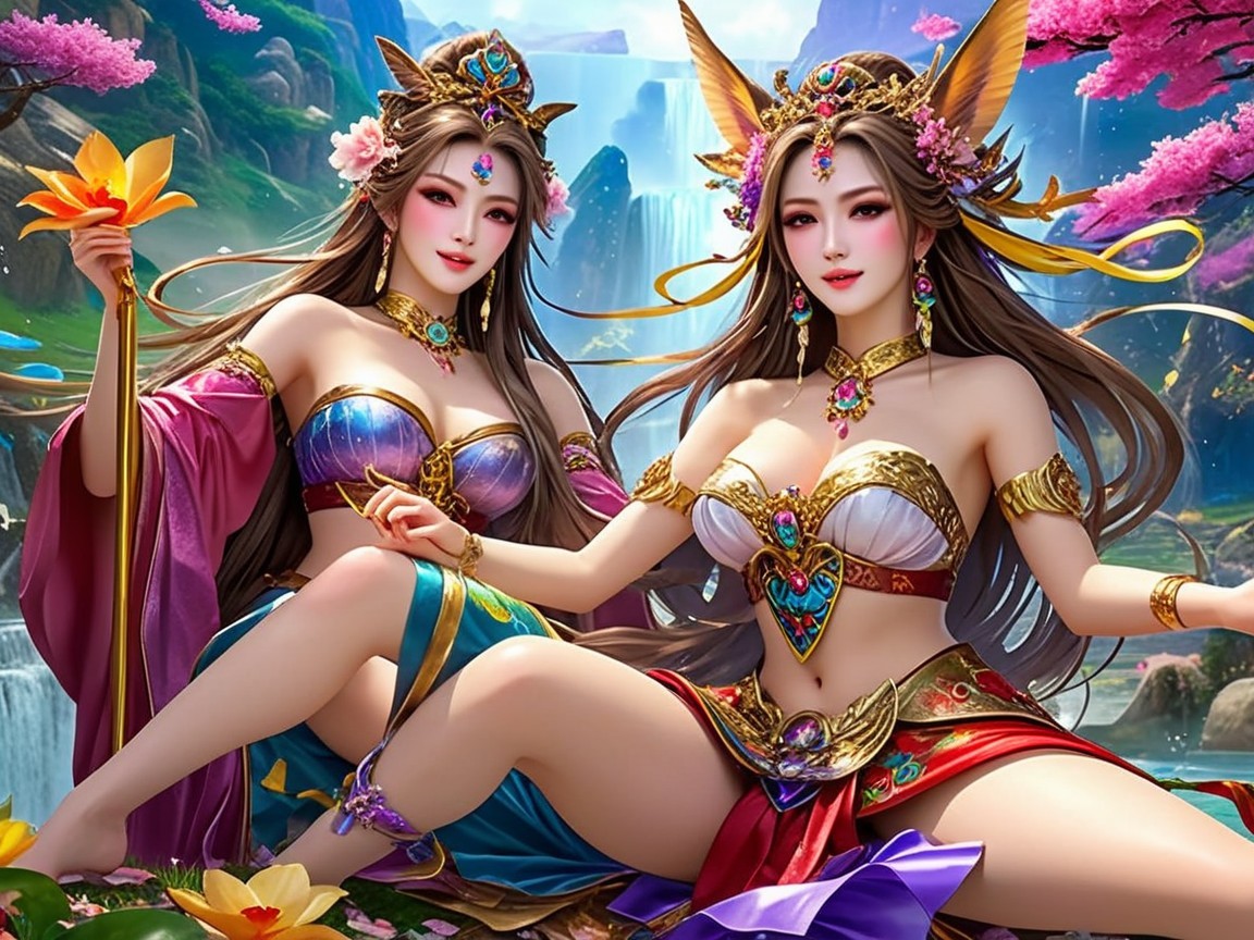 Elegant mythical figures in a vibrant landscape setting