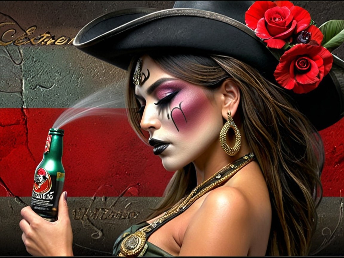 Woman in Traditional Mexican Attire with Bold Makeup