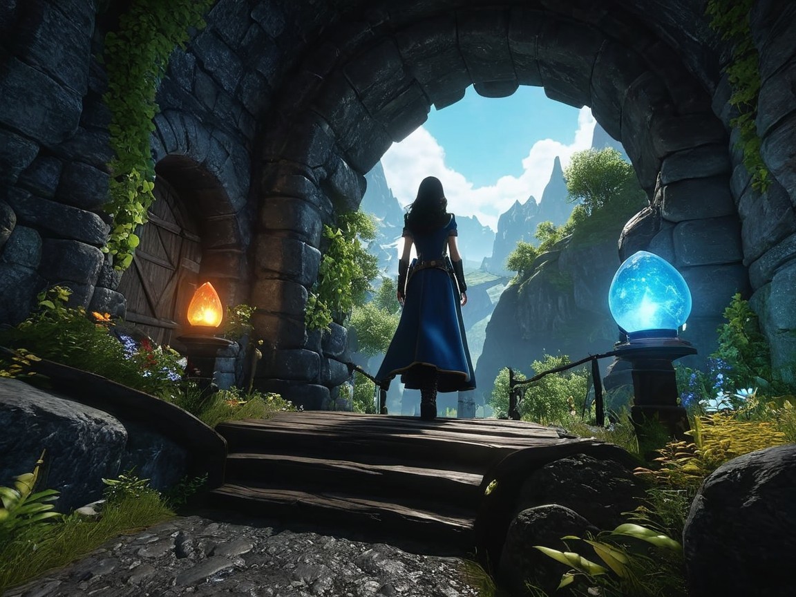 Figure in Blue Cloak at Stone Archway with Orbs