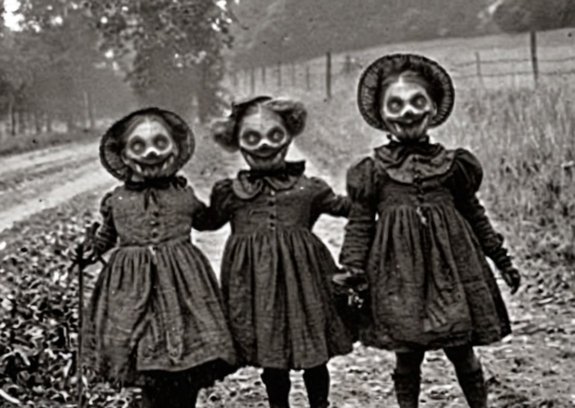 Children in Old-Fashioned Dresses with Eerie Masks