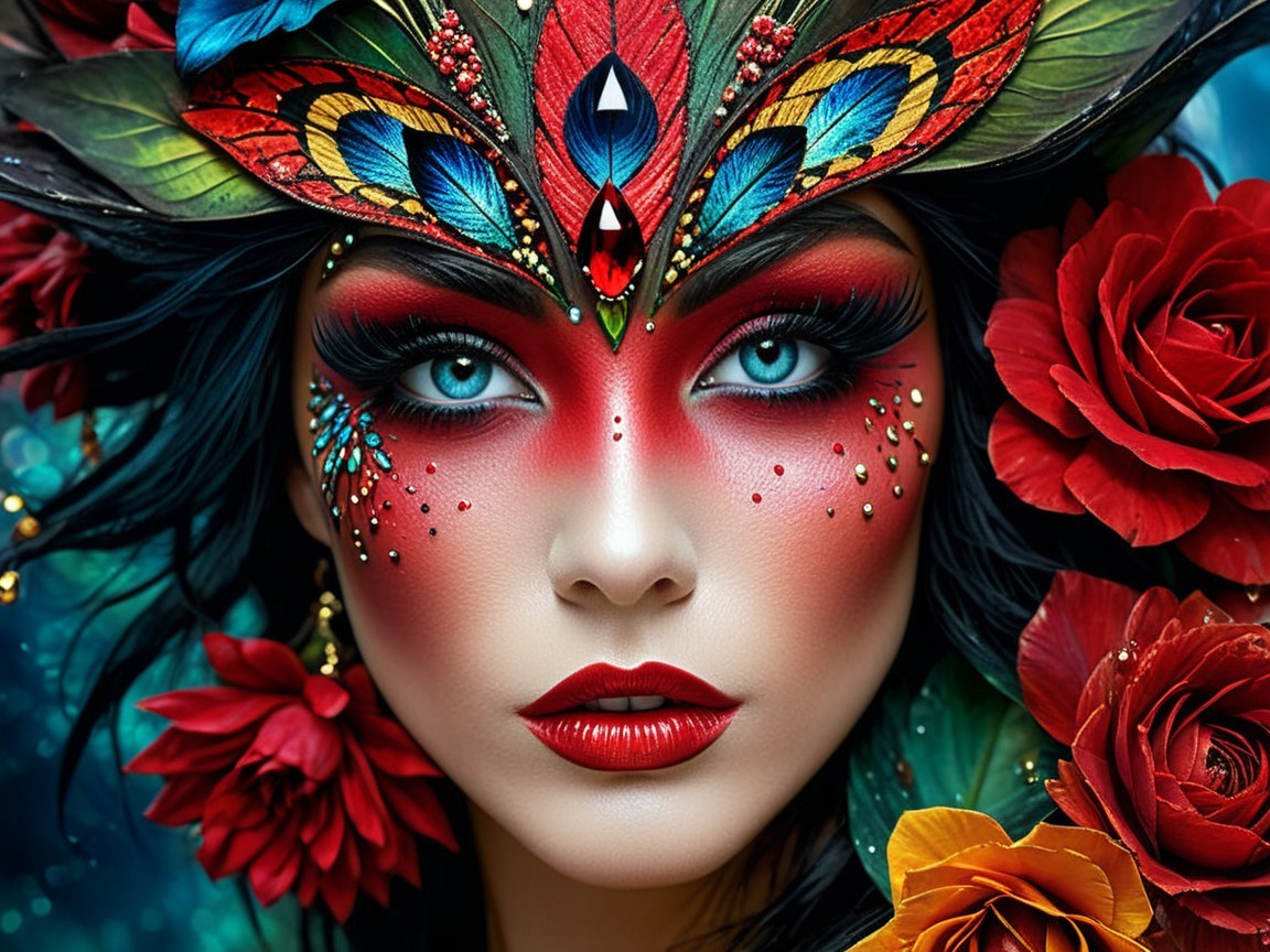 Stunning Woman with Bold Red and Turquoise Makeup