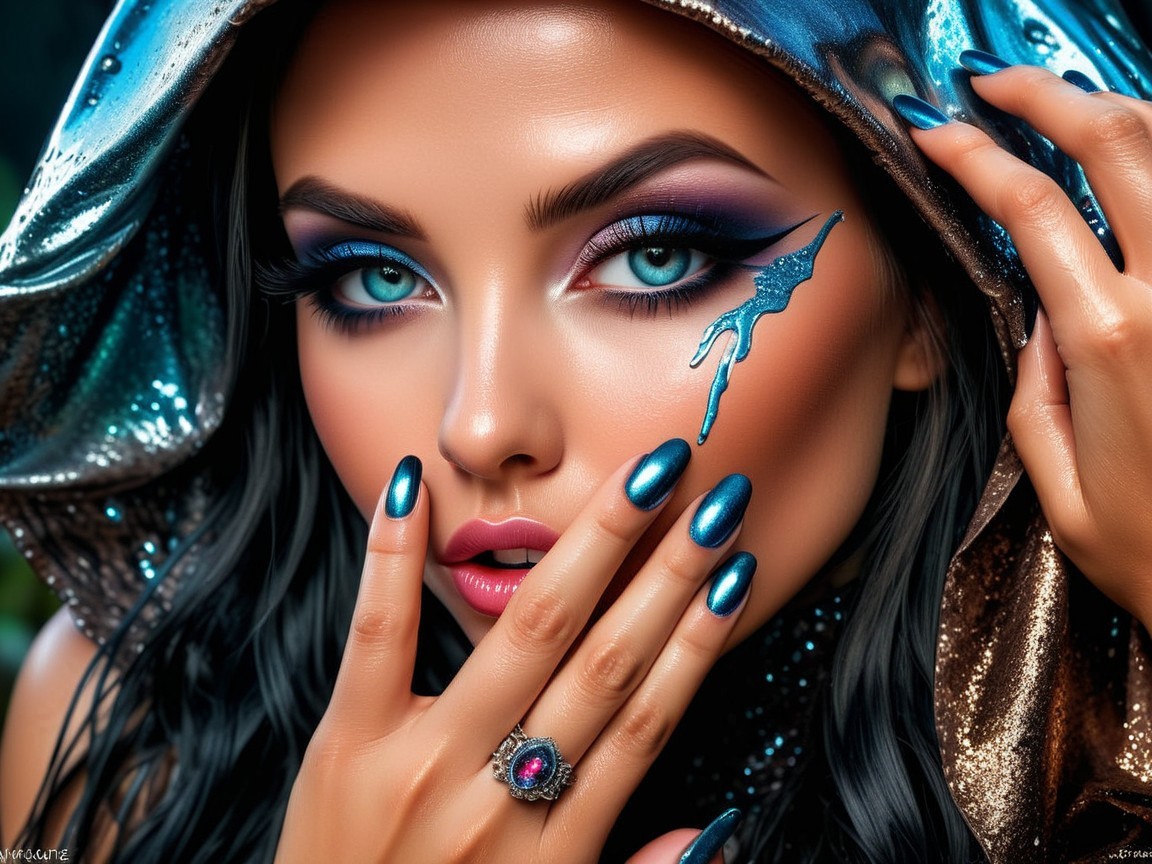 Portrait of a woman with blue eyes and dramatic makeup