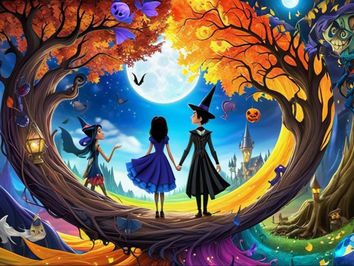 Children in Costumes Under Enchanted Autumn Archway