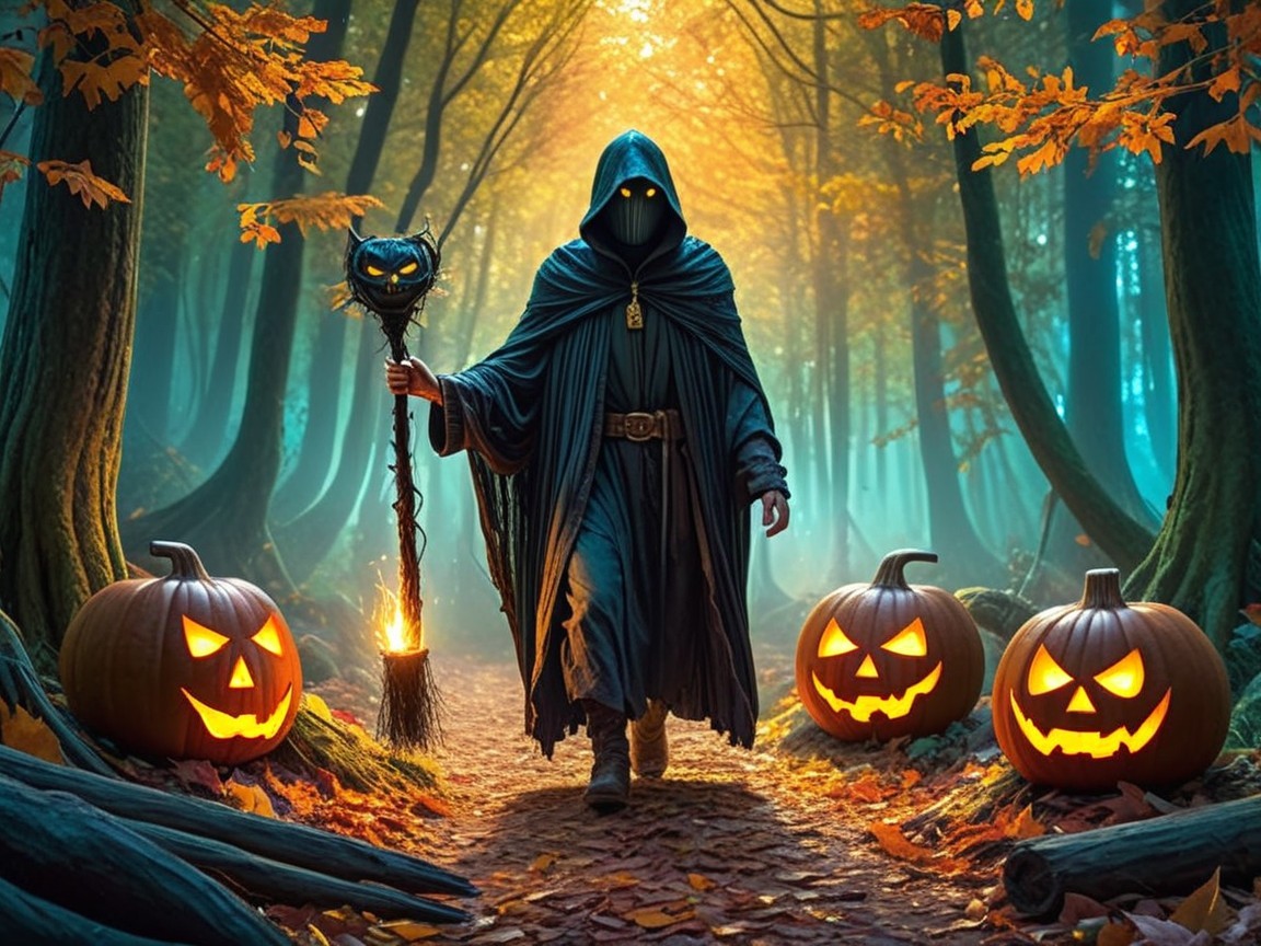Cloaked Figure in Enchanted Autumn Forest Scene
