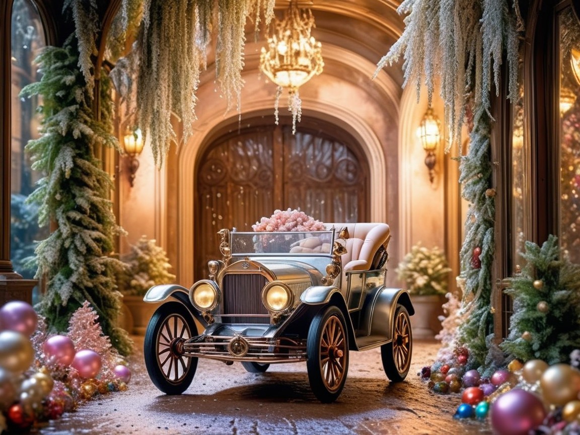 Vintage Silver Car with Floral Accents and Decorated Entrance