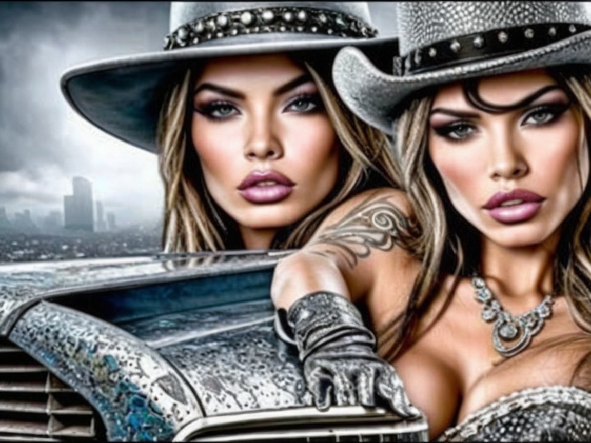 Glamorous Women in Stylish Outfits by Vintage Car