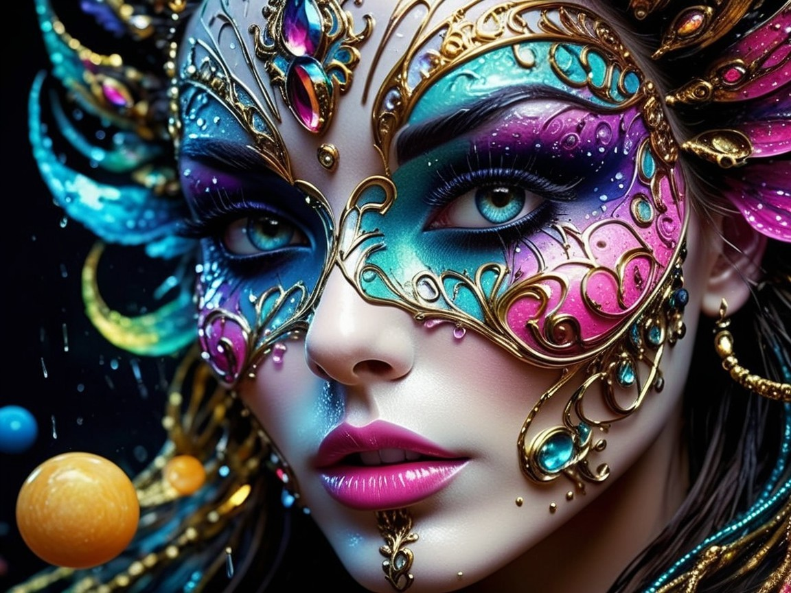 Close-up of a woman in a colorful jeweled mask