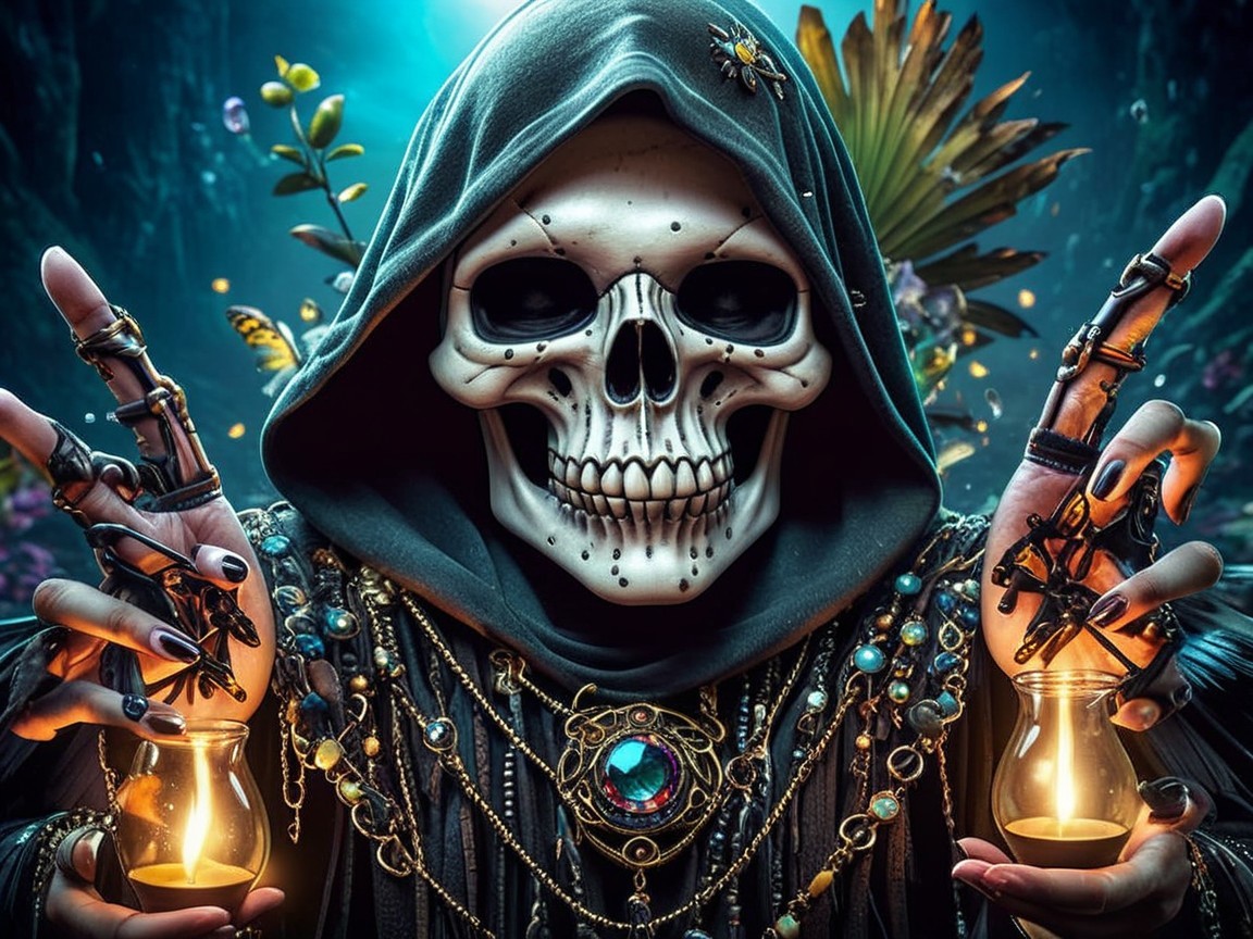 Mysterious Cloaked Figure with Lanterns and Skull Face