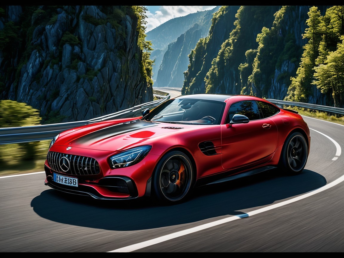 Red Mercedes-AMG GT on a Mountain Road Landscape