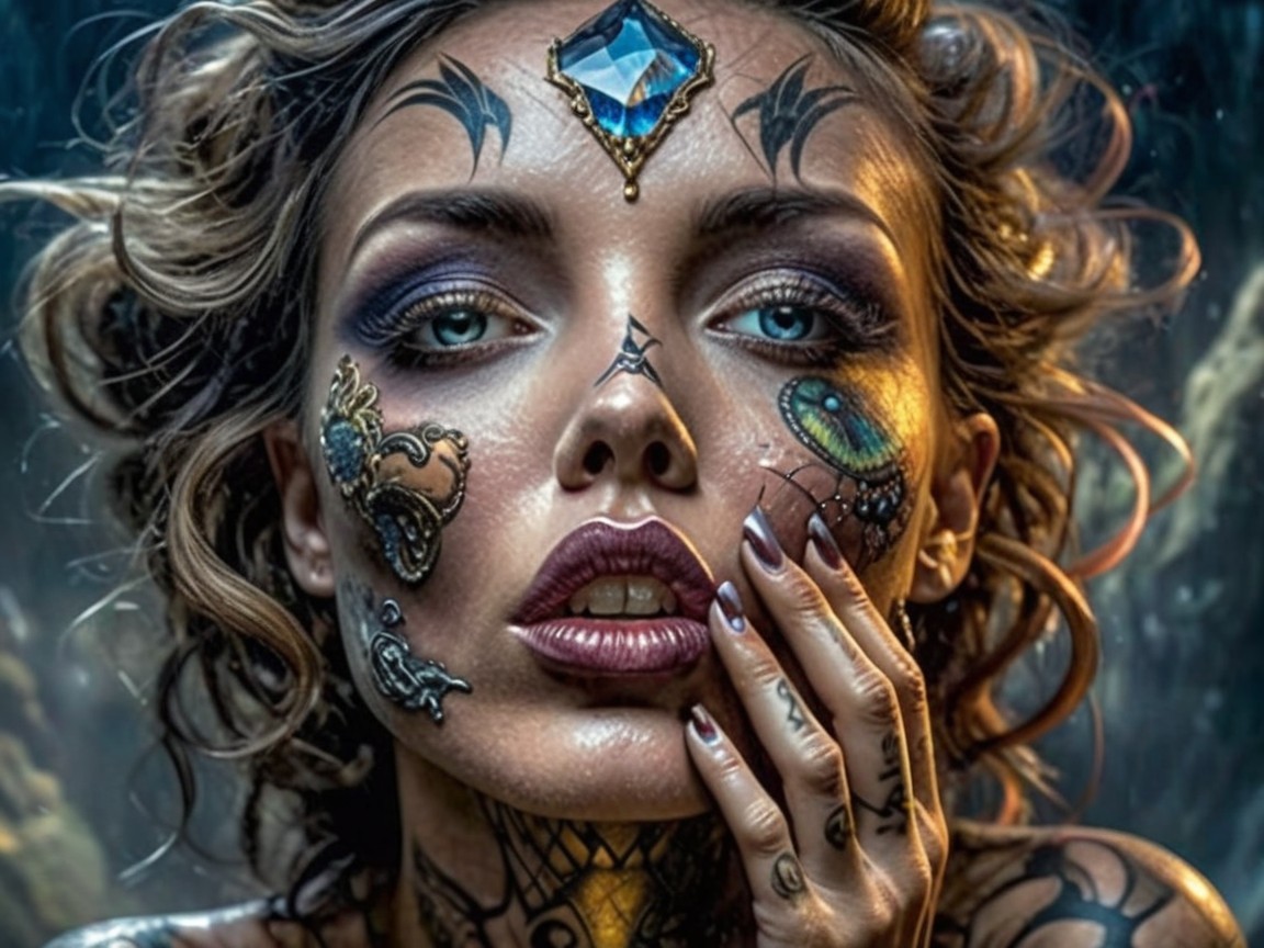Close-Up of Woman with Facial Tattoos and Bold Makeup