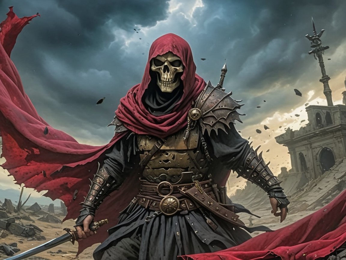 Armored figure in red cloak in desolate landscape