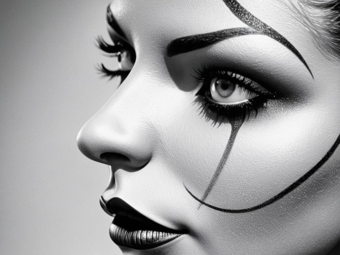 Black and White Portrait of a Woman with Dramatic Makeup