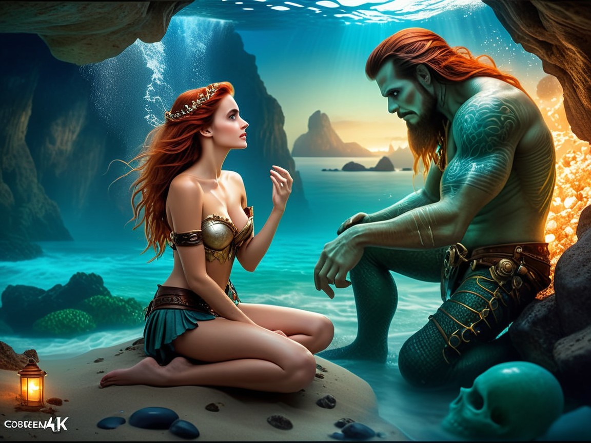 Mermaid and Merman in a Magical Underwater Scene