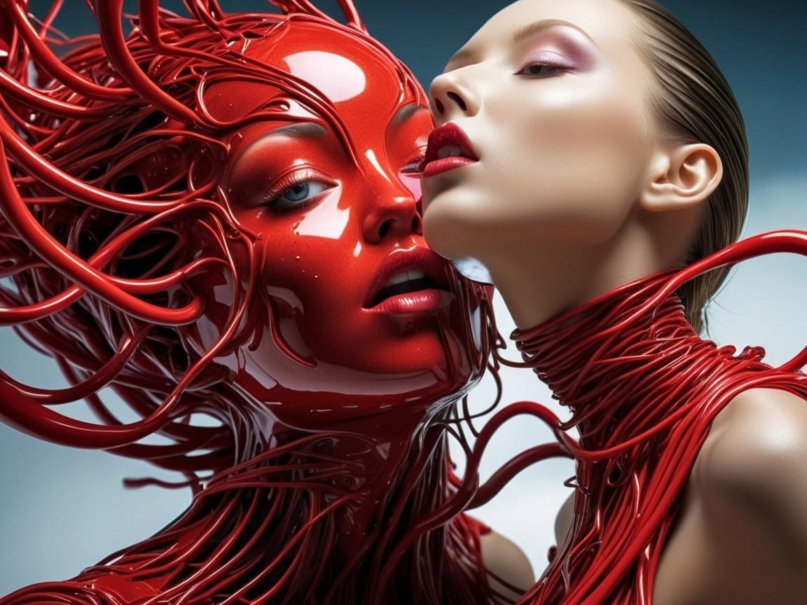 Glossy Red Sculpture of Woman Entwined with Model