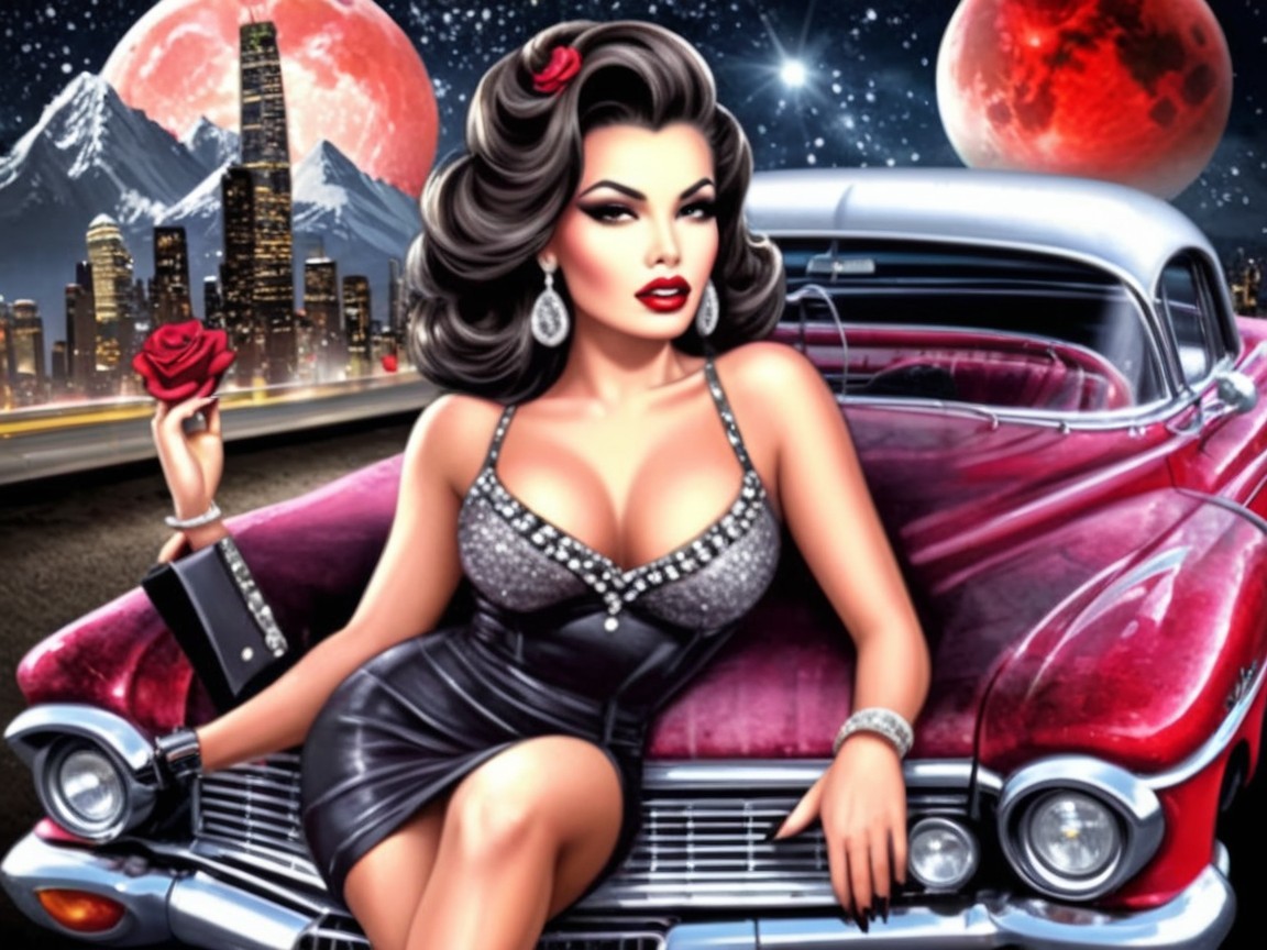 Glamorous Woman on Classic Car with City Skyline