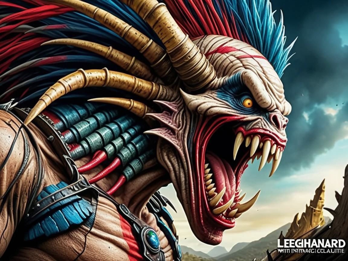 Fierce Monstrous Creature with Blue and Red Markings