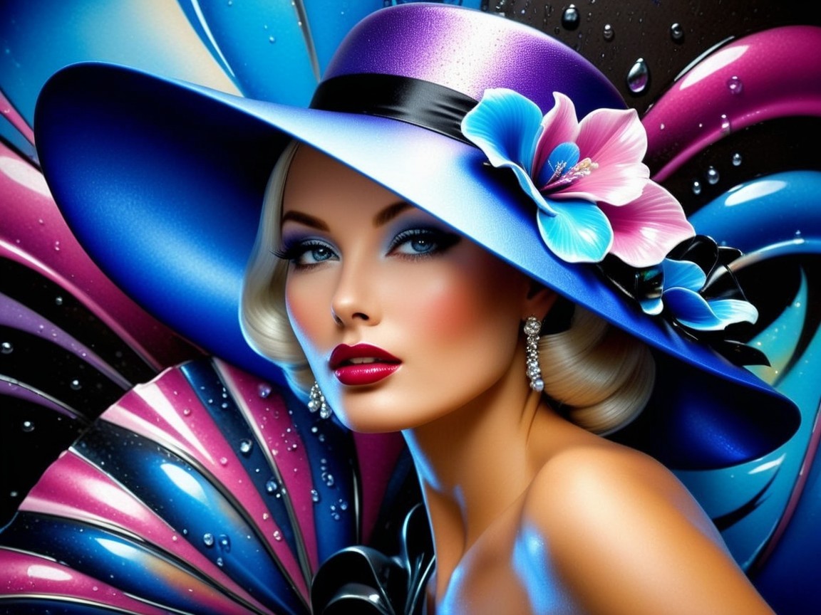 Glamorous Woman in Vibrant Hat Against Colorful Background