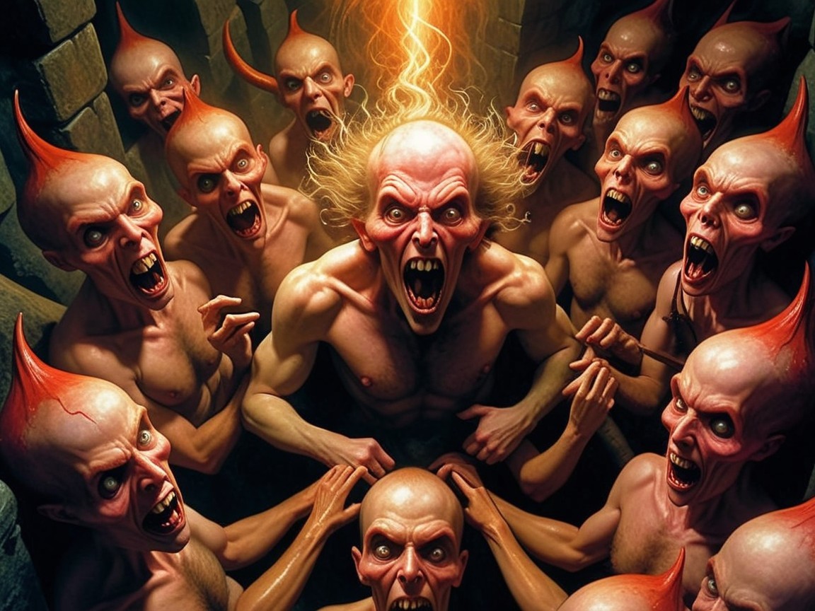 Central figure with glowing hair among menacing bald figures