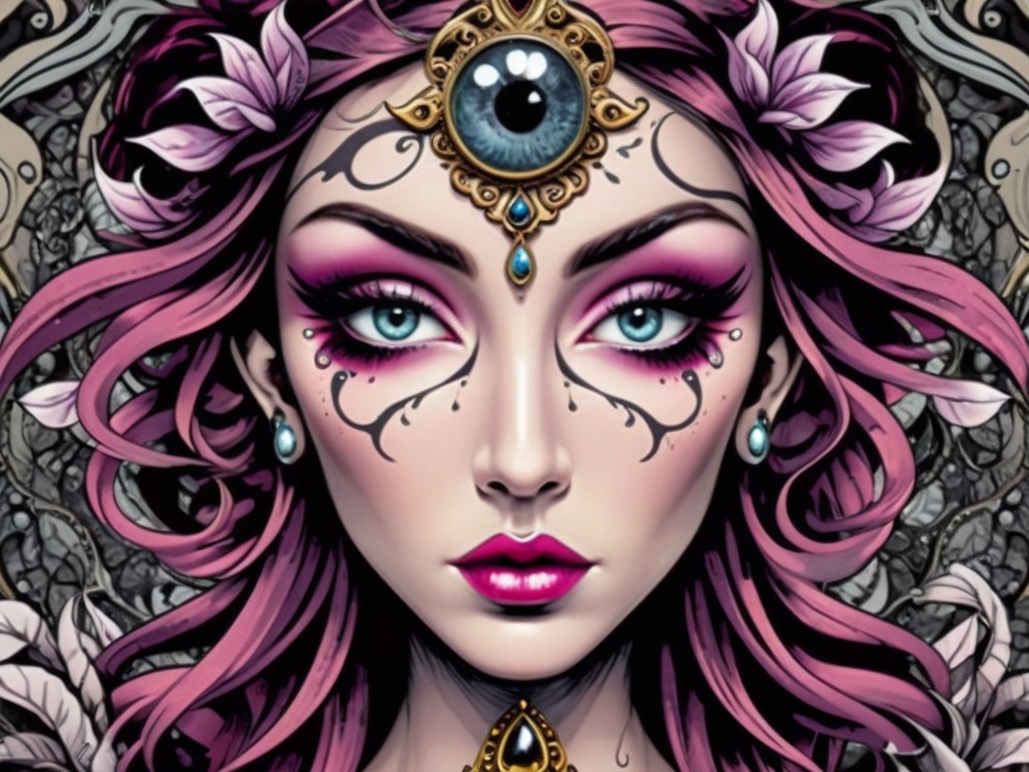 Illustration of a woman with pink hair and third eye