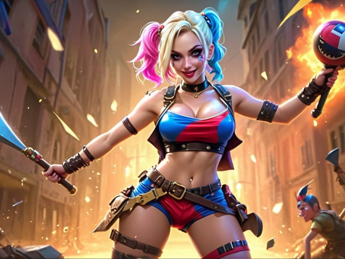Bold Female Character in Urban Setting with Weapon