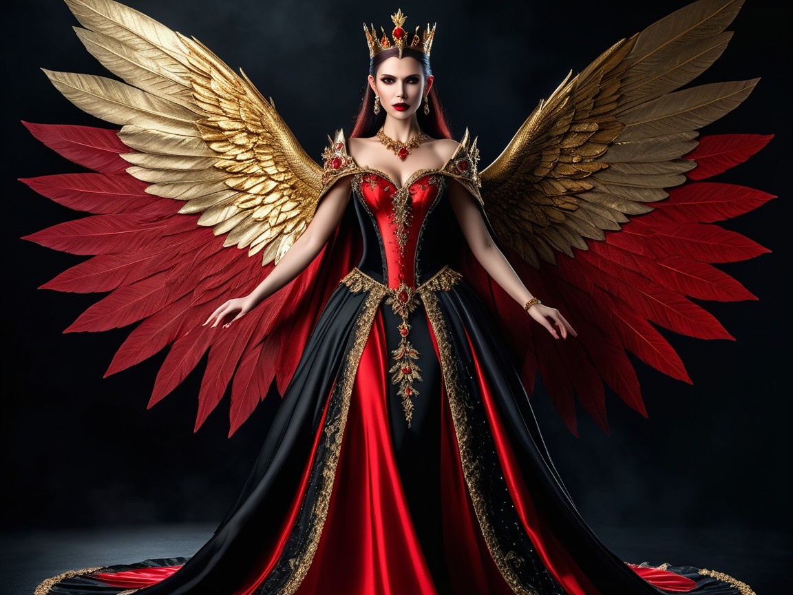 Majestic figure in red and black gown with wings