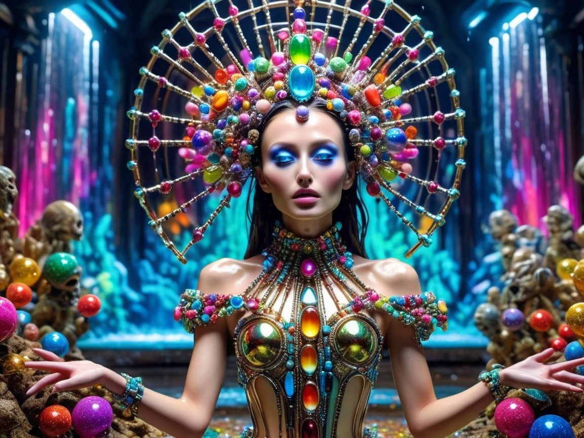 Elaborate Figure in Jewel-Encrusted Outfit and Headdress