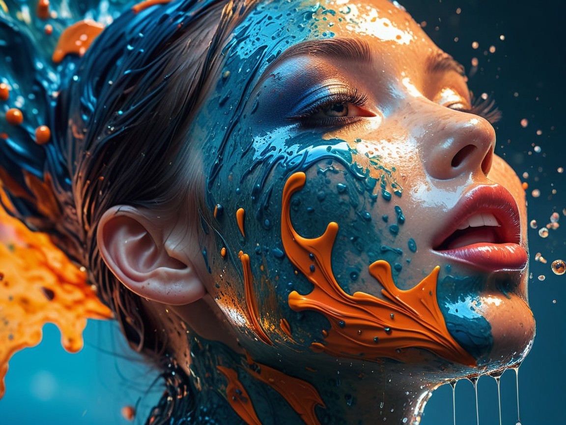 Glamorous Woman's Face with Colorful Liquid Paint Details