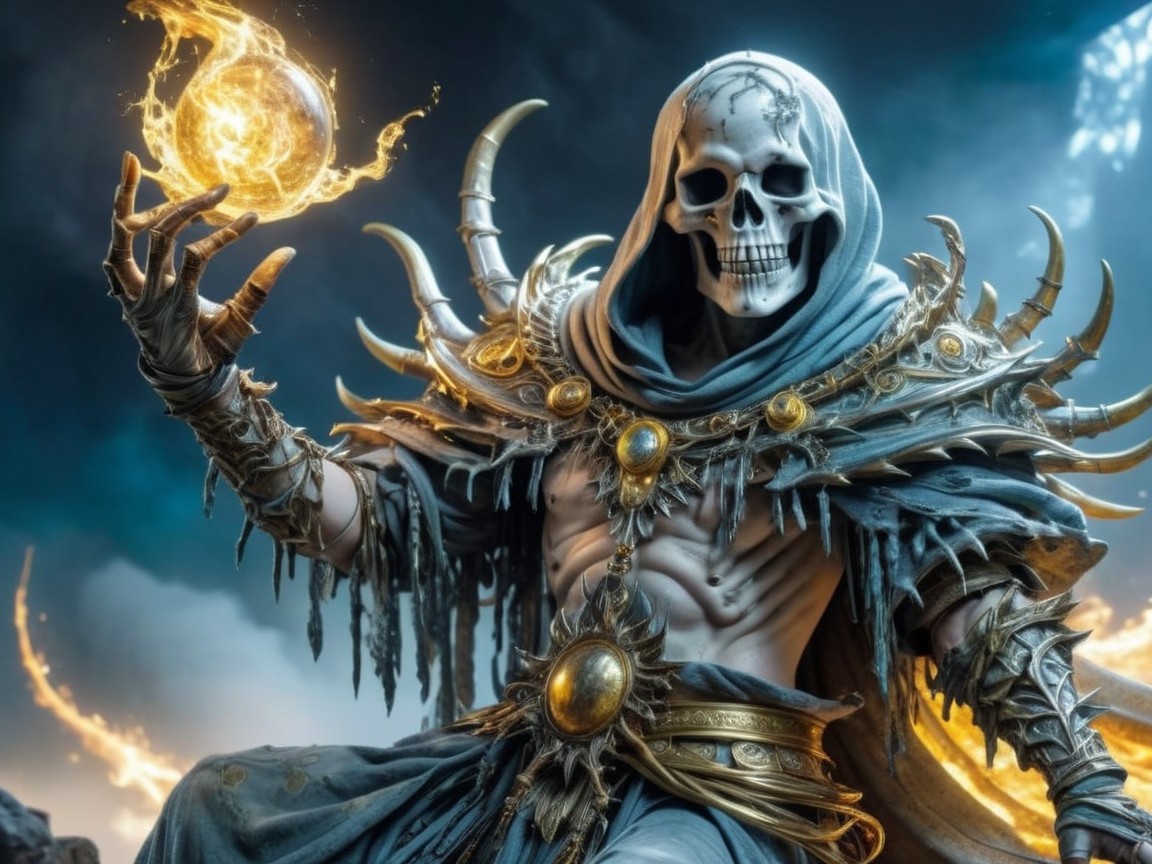 Skeletal Figure in Dark Robes with Glowing Orb