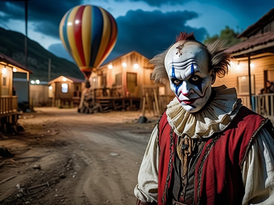 Sinister Clown in a Desolate Village Scene
