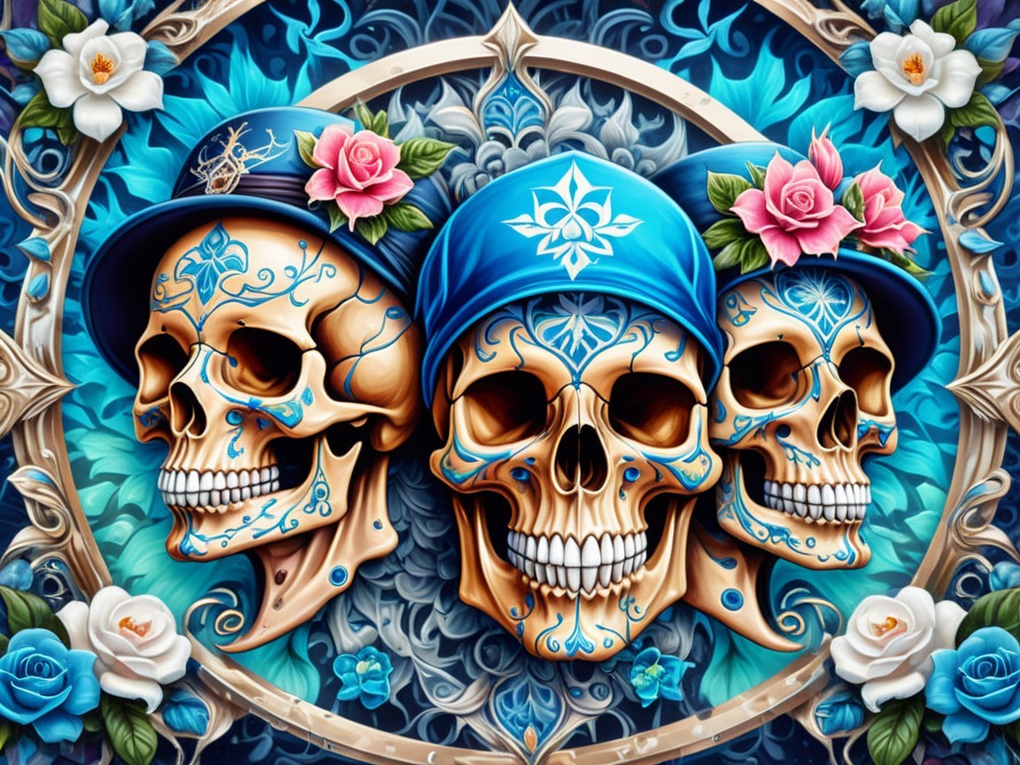 Intricate Skulls with Blue Hats and Floral Motifs