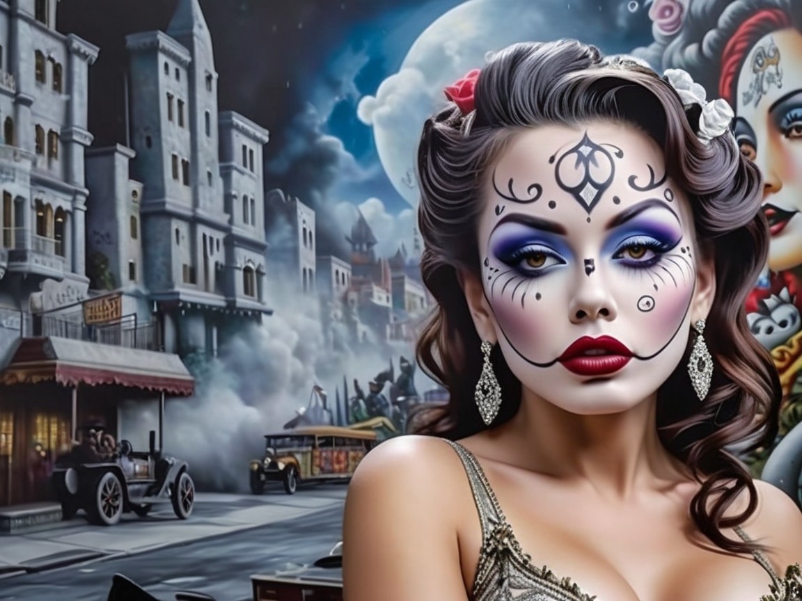 Woman with Sugar Skull Makeup in Cityscape Background