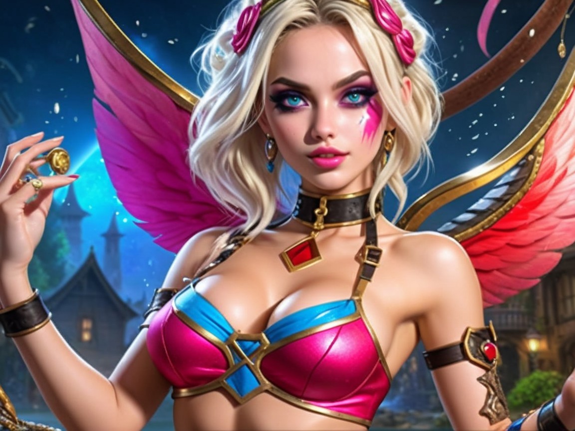 Fantastical Character with Pink Wings in Enchanted Village