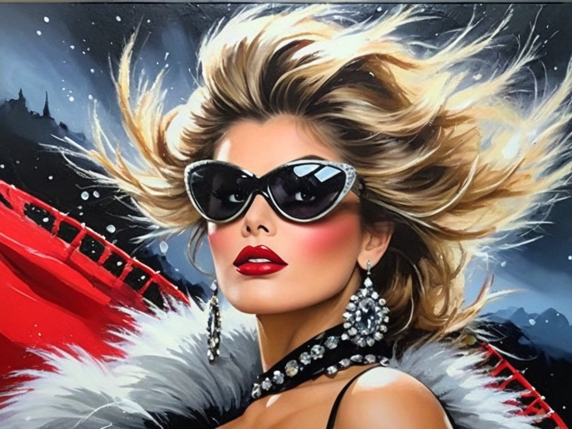 Glamorous Woman in Snowy Landscape with Bold Accessories