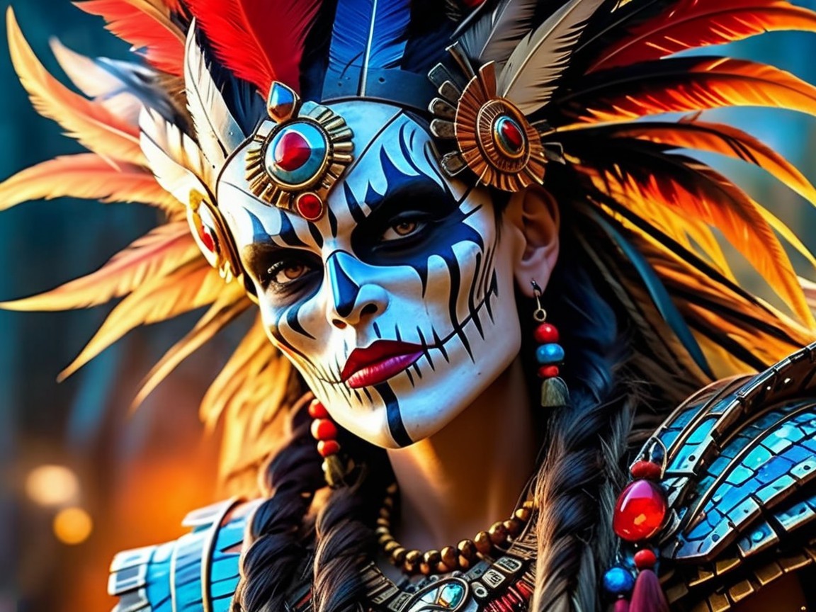 Vibrant Feathered Costume with Intricate Face Paint