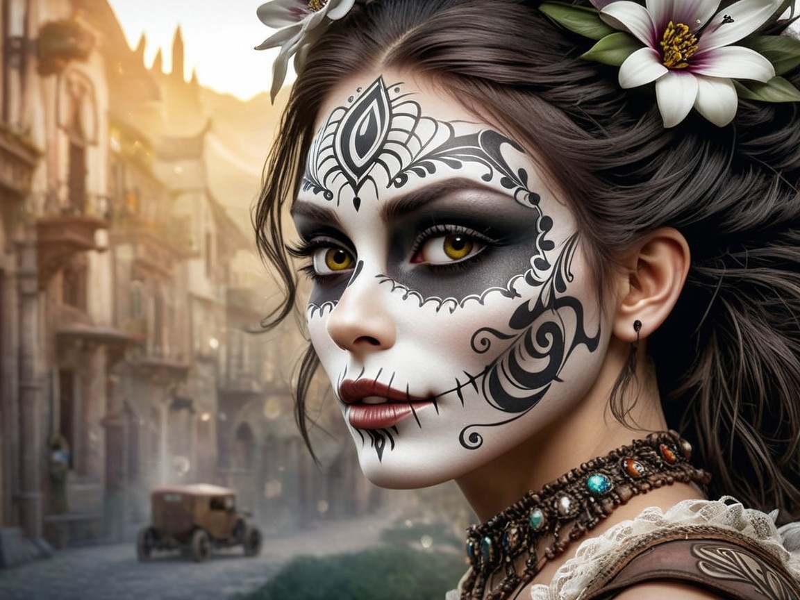 Woman with Sugar Skull Makeup and Floral Hair Decor