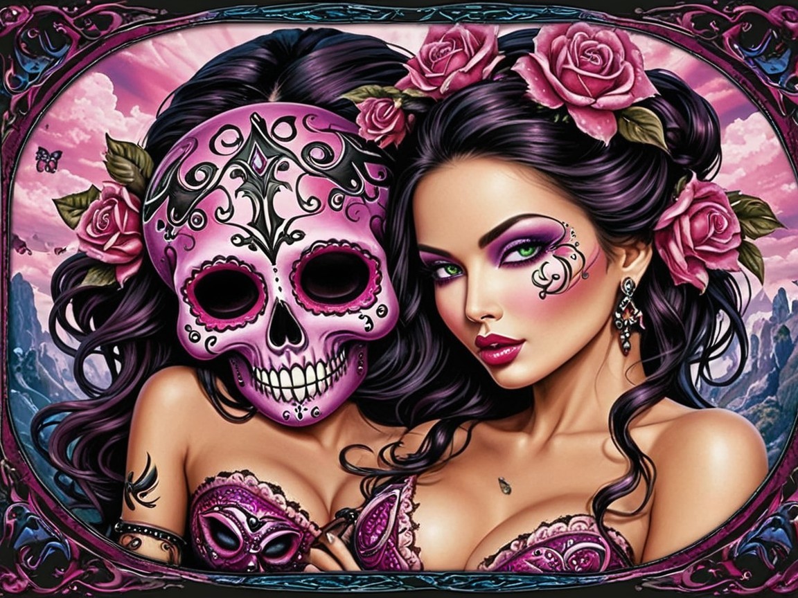 Vibrant Illustration of Woman with Sugar Skull Mask