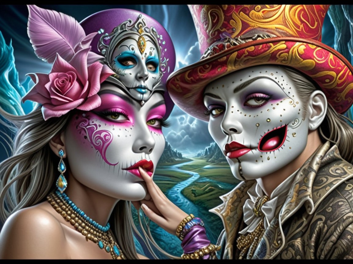 Elegantly Dressed Figures with Día de los Muertos Face Paint