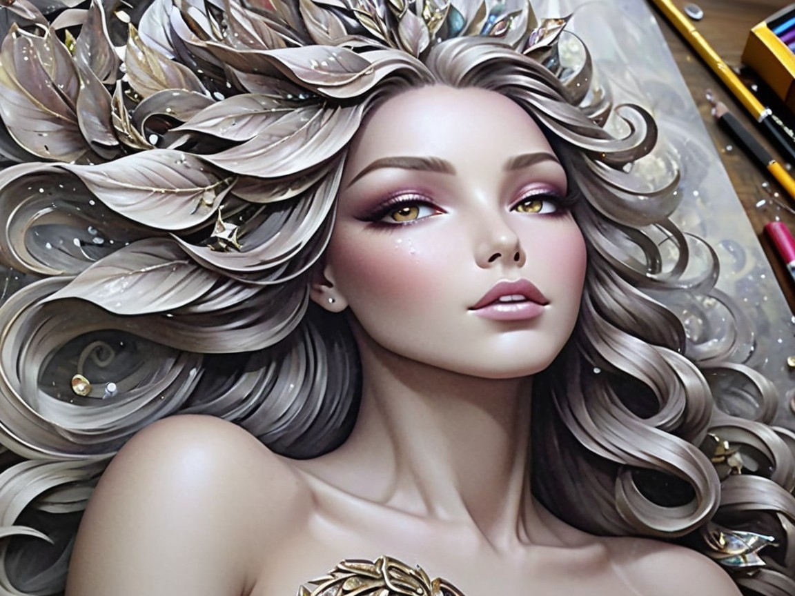 Ethereal Woman with Floral Hair and Luminous Skin